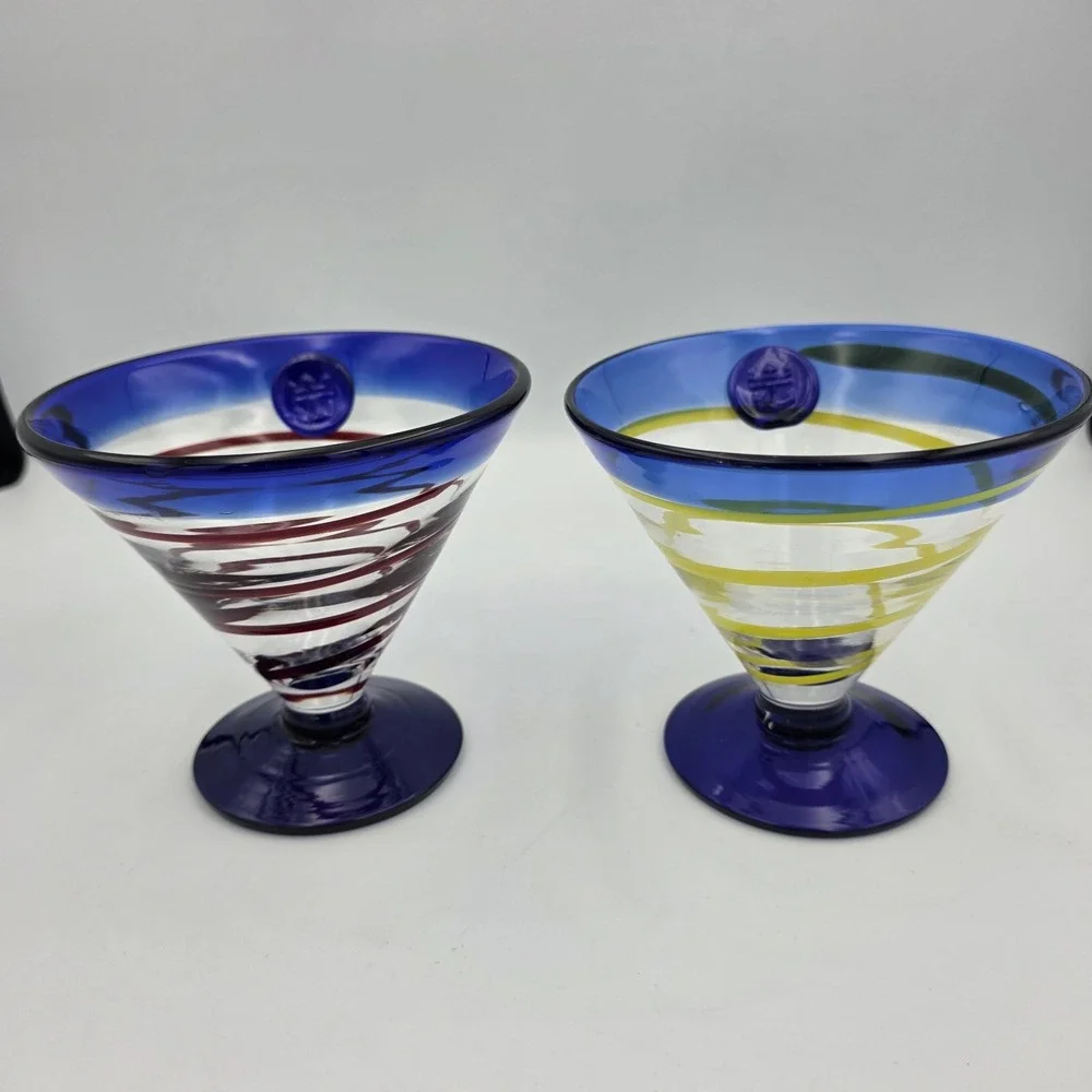 2 Kosta Boda Royal Caribbean Spiral Margarita Martini Glasses Swirl Red Yellow